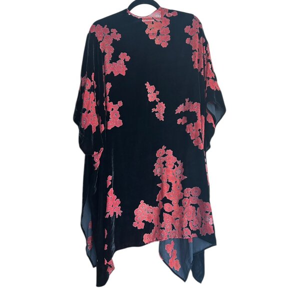 Boho Whimsigoth Black Velvet Burnout Kimono Duster • One Size •Red Floral Witchy - Picture 3 of 7
